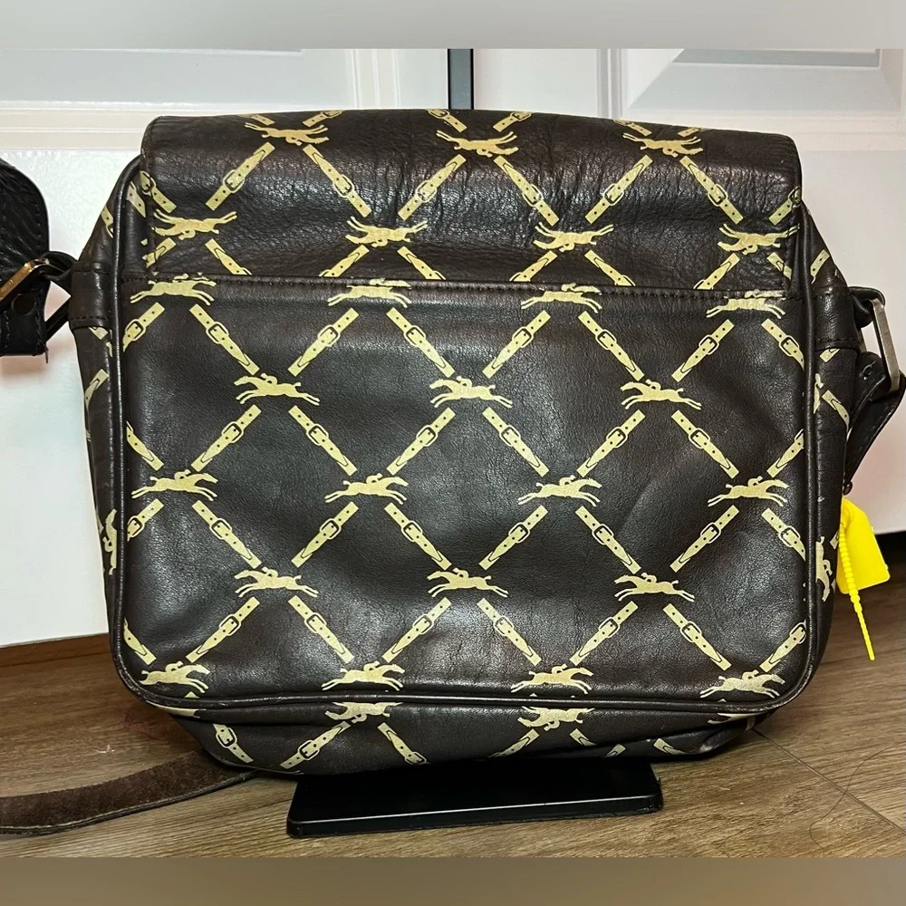 Longchamp Shoulder Bag Leather Dark Brown Horse Pattern